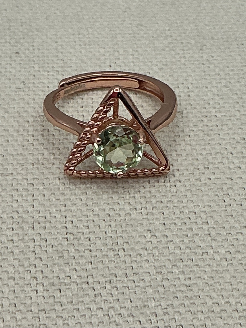 Rose Gold Triangle Ring with Light Green Sapphire